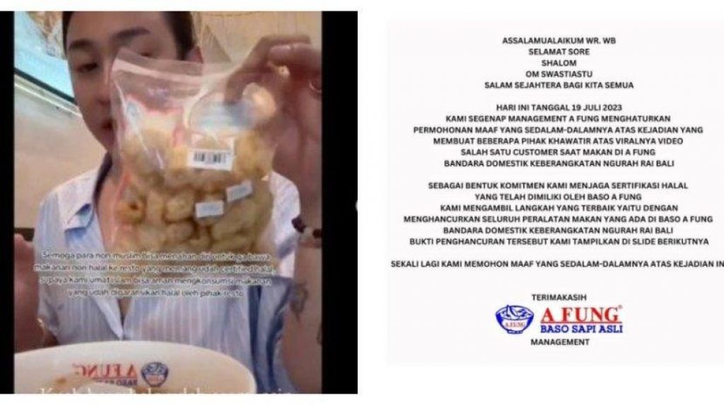 Seorang pembeli Bakso A Fung mencampur dengan krupuk babi