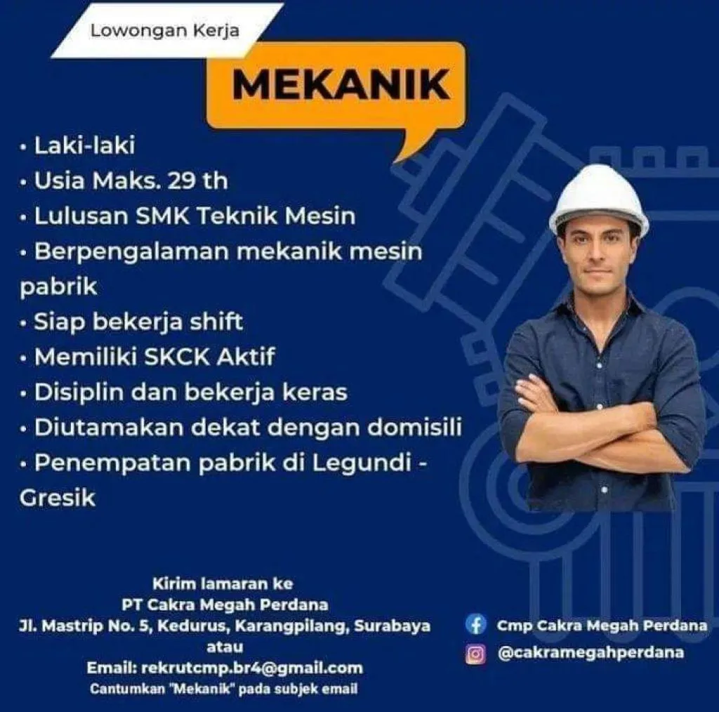 PT Cakra Megah Perdana Buka Lowongan Kerja Bagi Mekanik