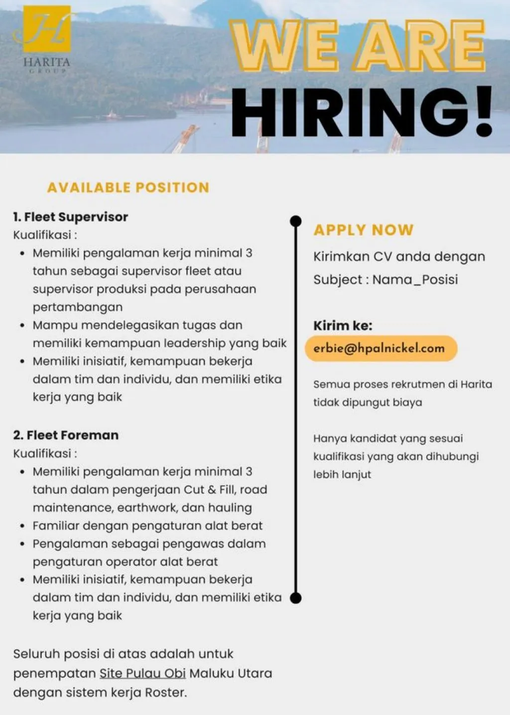 Harita Group Buka Lowongan Kerja untuk Posisi Fleet Supervisor dan Foreman