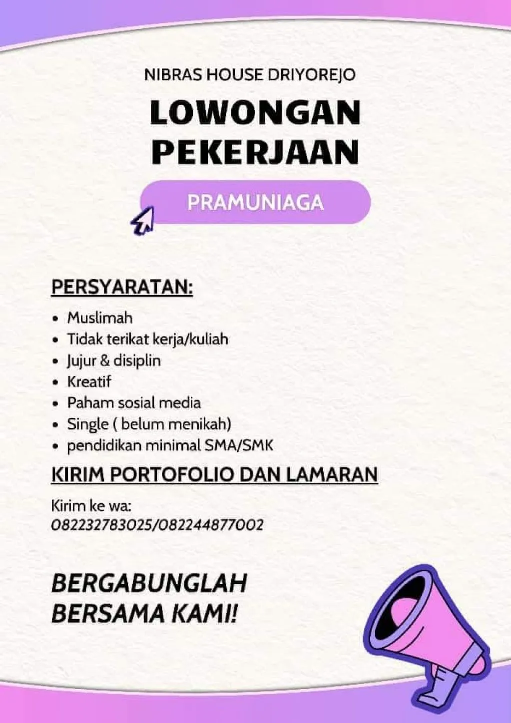 Dibutuhkan Pramuniaga untuk Nibras House Driyorejo