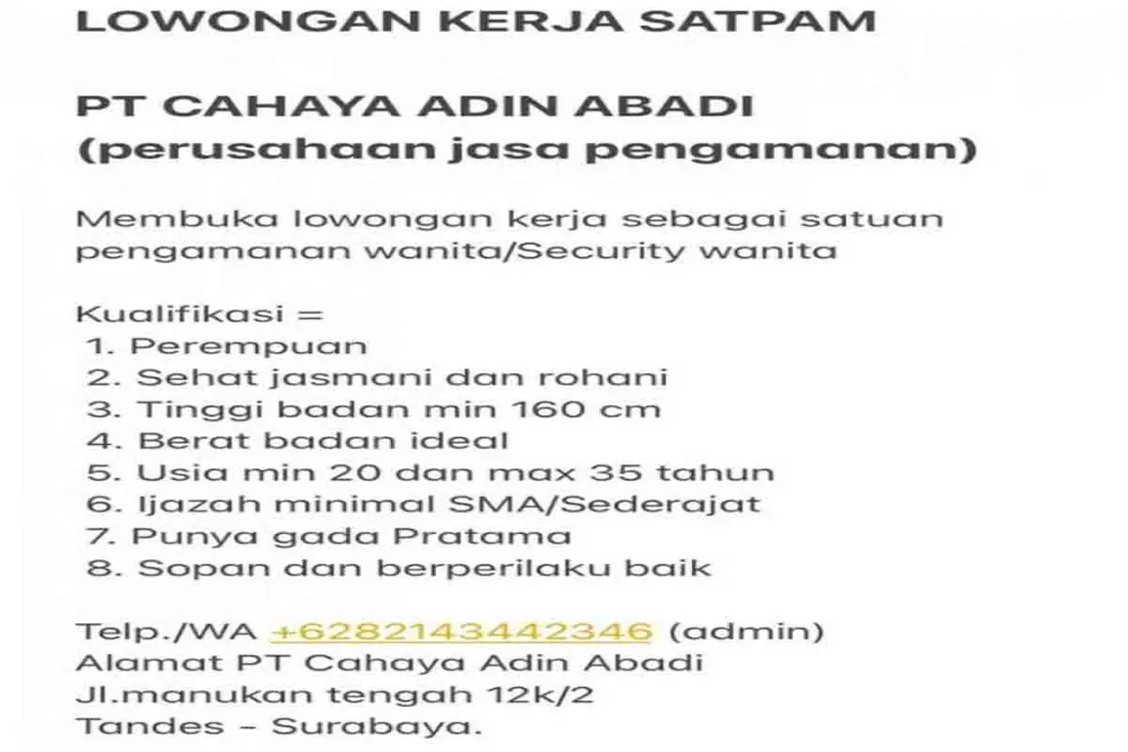 Dibutuhkan Security Wanita di PT Cahaya Adin Abadi