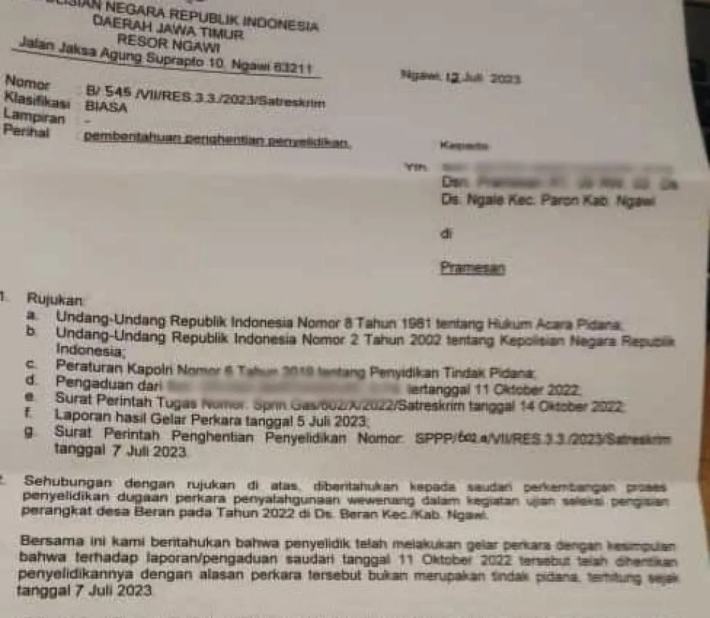 Polres Ngawi Keluarkan SP3 Perkara Laporan Seleksi Perangkat Desa Beran
