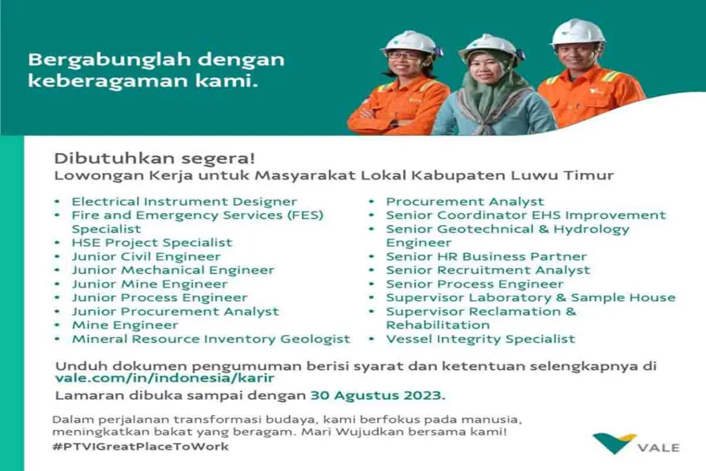 PT Vale Indonesia Membuka Lowongan Kerja untuk Masyarakat Luwu Timur