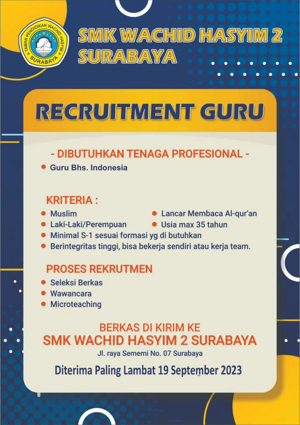 Lowongan Guru di SMK Wachid Hasyim 2 Surabaya