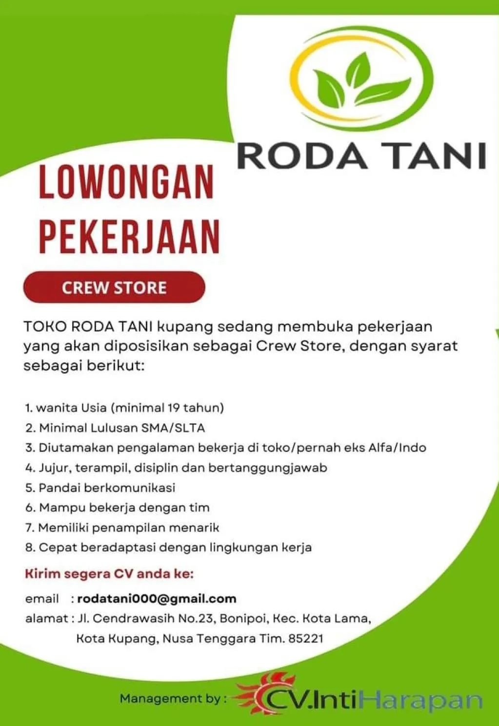 Lowongan Pekerjaan sebagai Crew Store di Toko Roda Tani