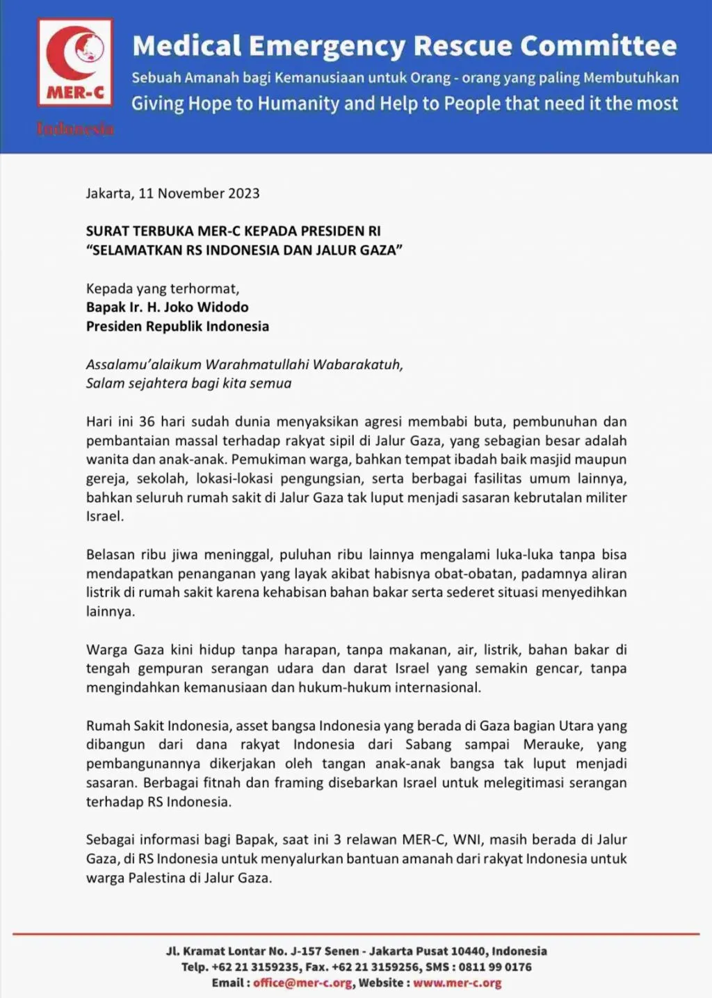Surat Terbuka MER-C Kepada Presiden RI : Selamatkan RS Indonesia dan Jalur Gaza