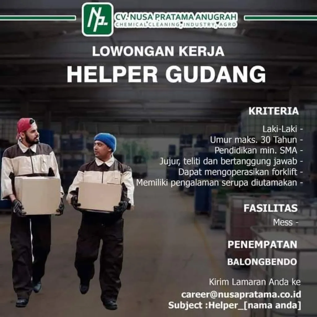 CV Nusa Pratama Anugrah Buka Lowongan Sebagai Helper Gudang