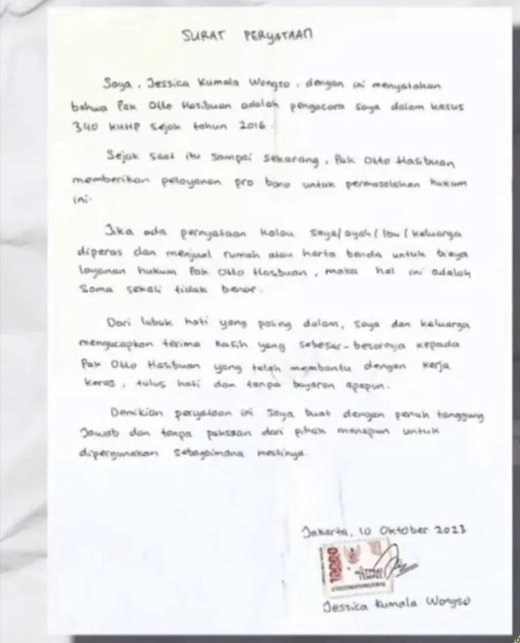 Surat Bertulis Tangan dari Jessica Wongso Buat Otto Hasibuan