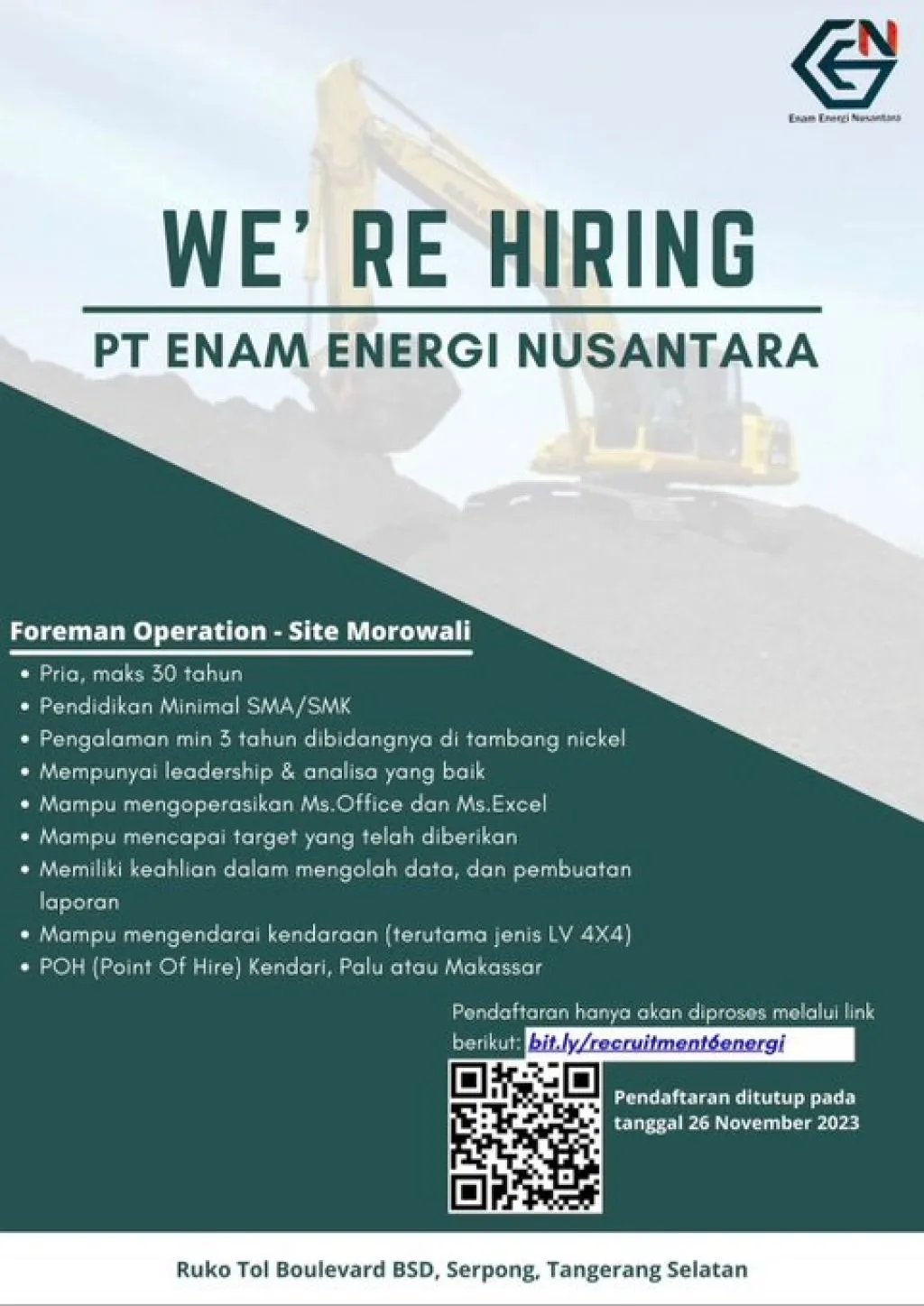 PT Enam Energi Nusantara Buka Lowongan Kerja Sebagai Foreman Operation
