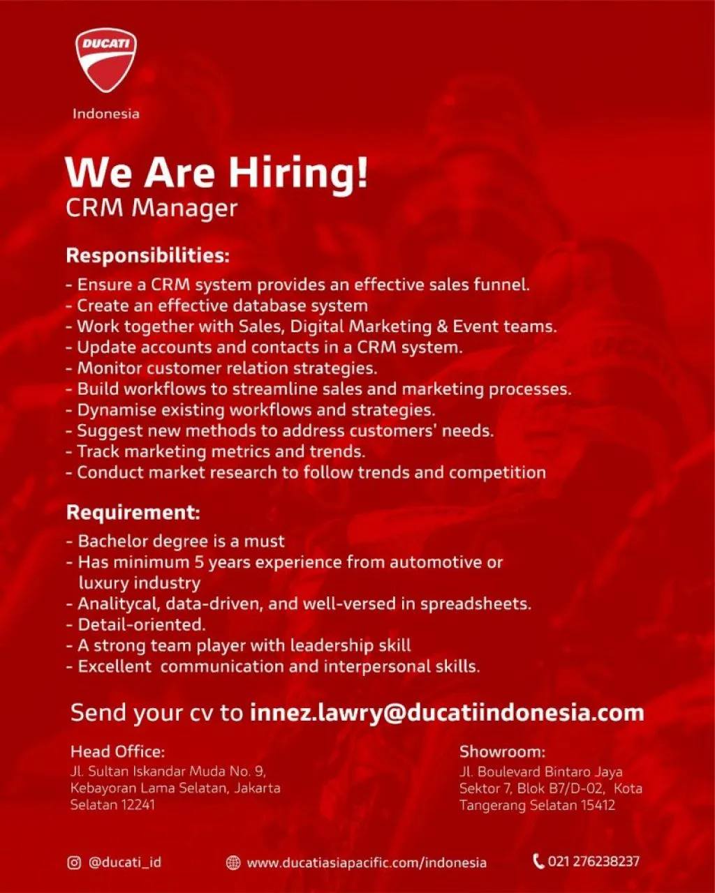 Bergabunglah dengan Ducati Indonesia Sebagai CRM Manager