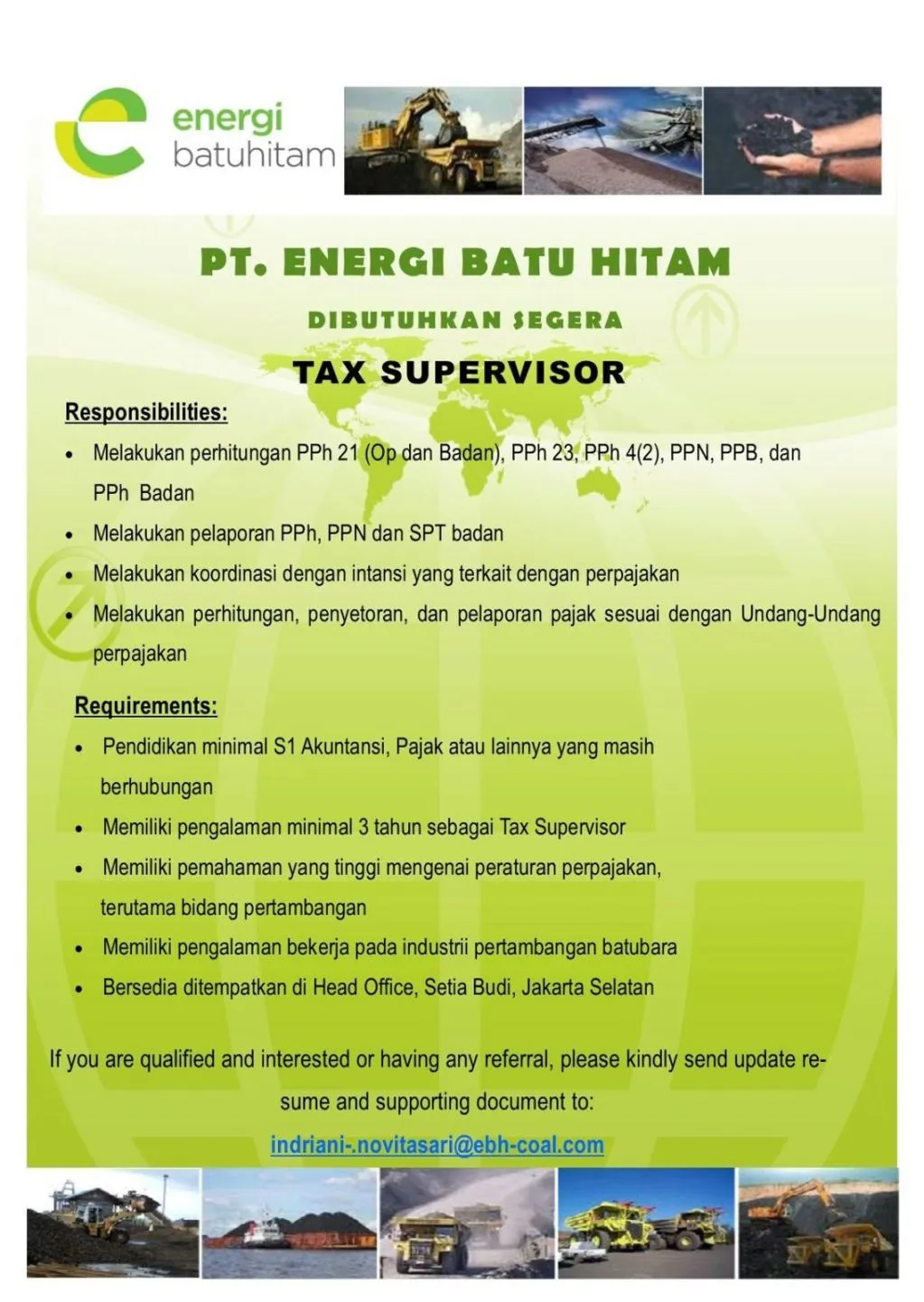 Lowongan Kerja Sebagai Tax Supervisor di PT Energi Batu Hitam