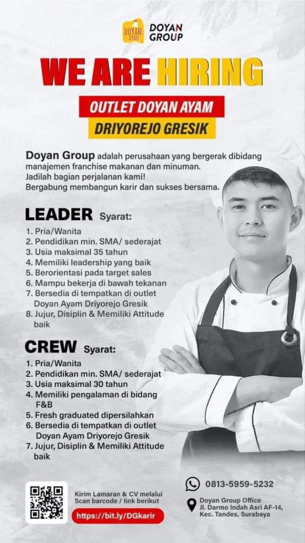 Doyan Group Butuh Tenaga Kerja untuk Outlet Doyan Ayam di Driyorejo Gresik