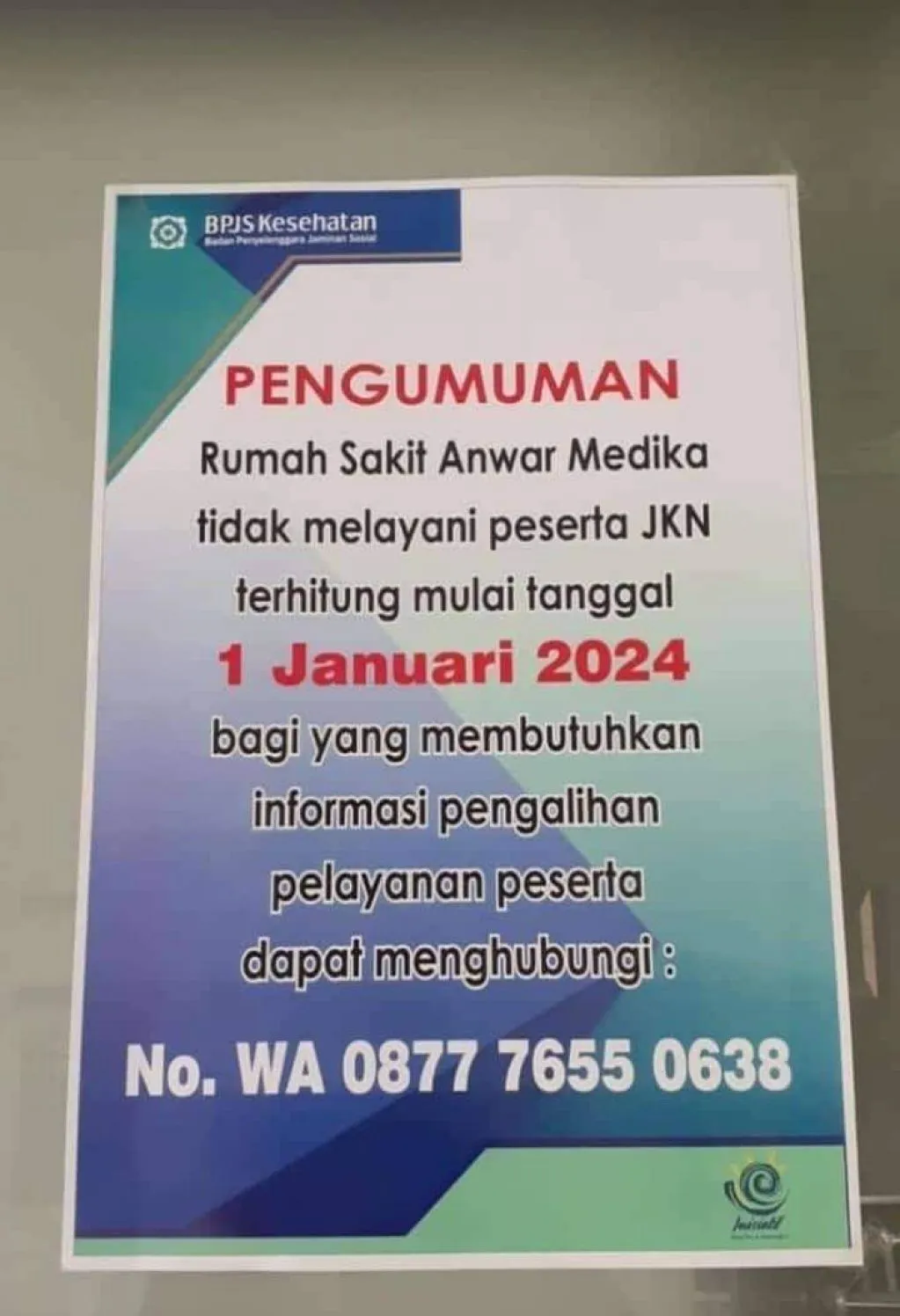 Mulai 1 Januari 2024, RS Anwar Medika Tidak Melayani Pasien JKN atau BPJS
