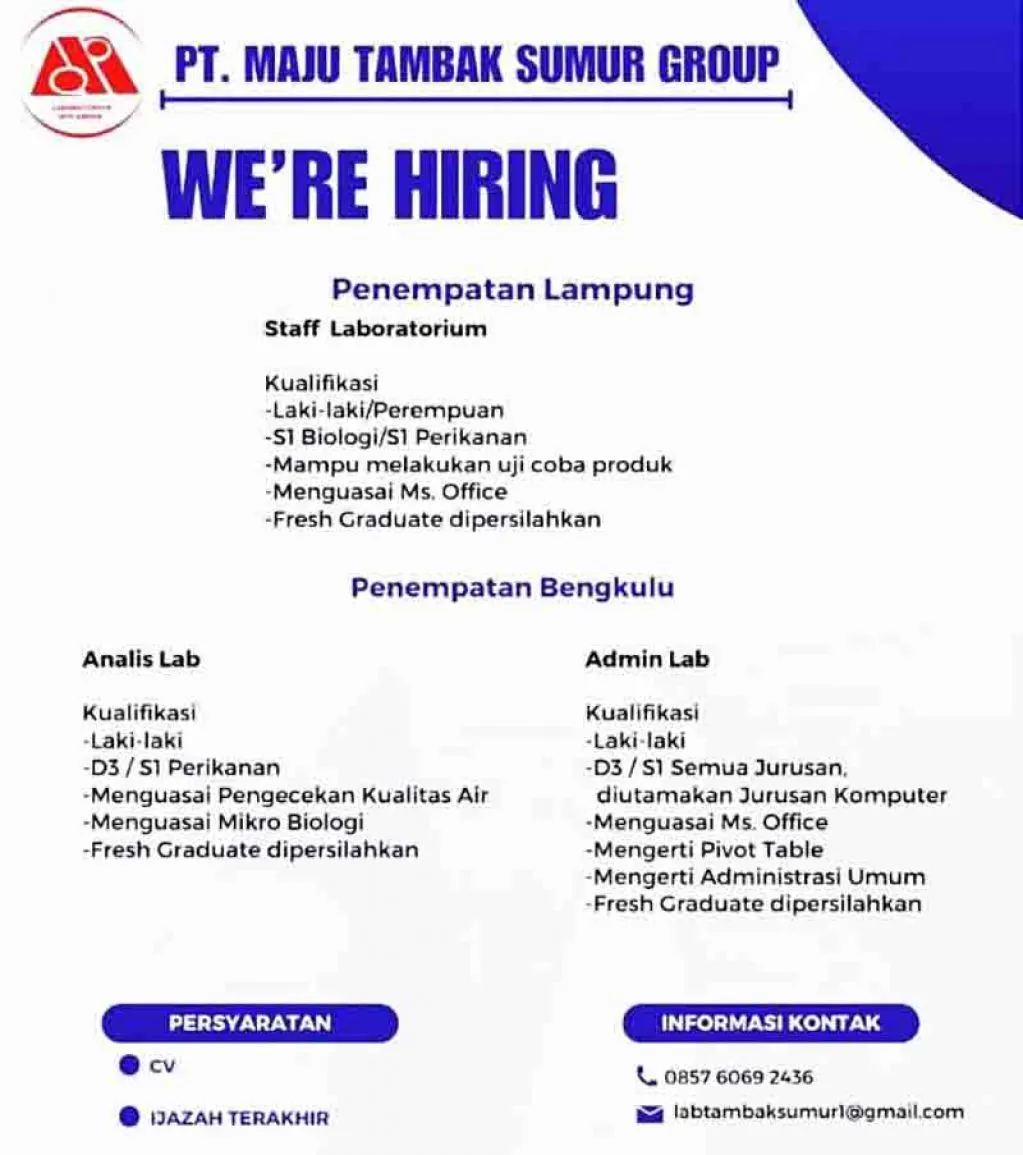 PT Maju Tambak Sumur Group Buka Lowongan Kerja di Bidang Laboratorium