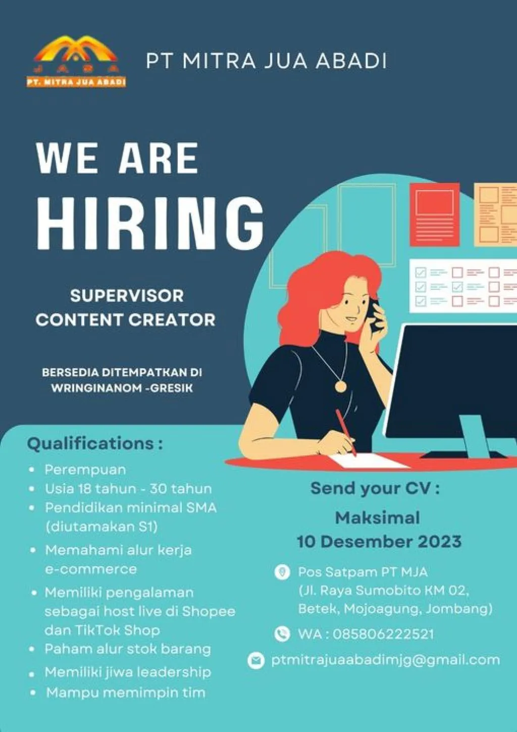 PT Mitra Jua Abadi Butuh Supervisor Content Creator