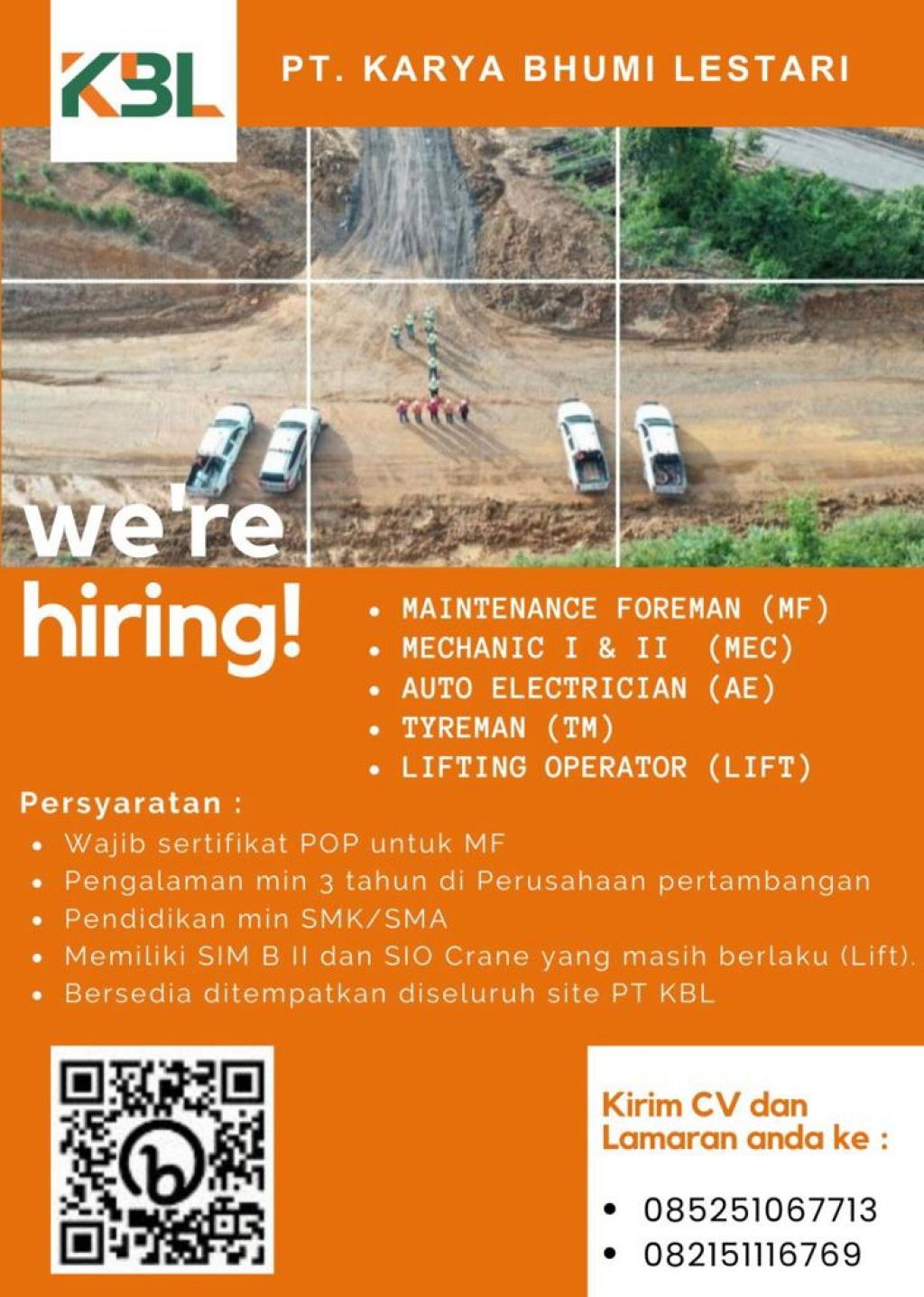 Lowongan kerja PT Karya Bhumi Lestari