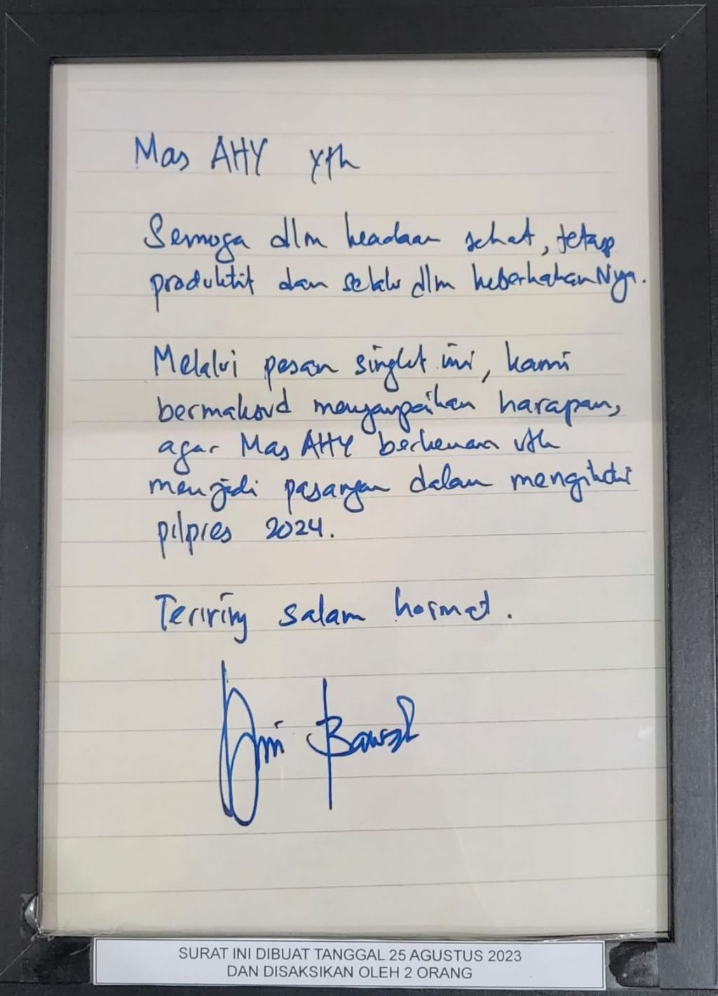 Tulisan tangan Anies Baswedan yang ditujukan untuk AHY
