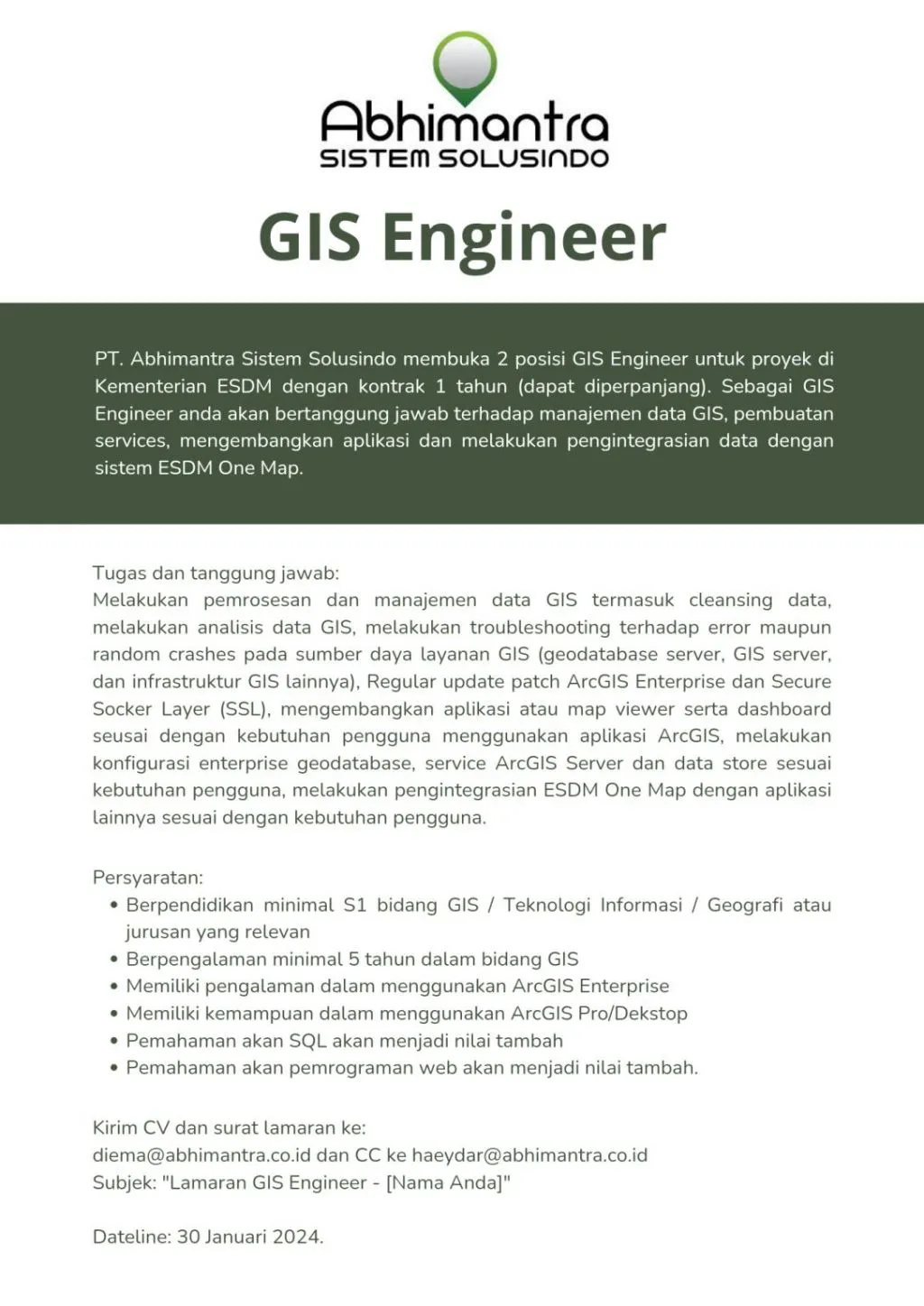Abhimantra Sistem Solusindo Buka Lowongan Sebagai GIS Engineer