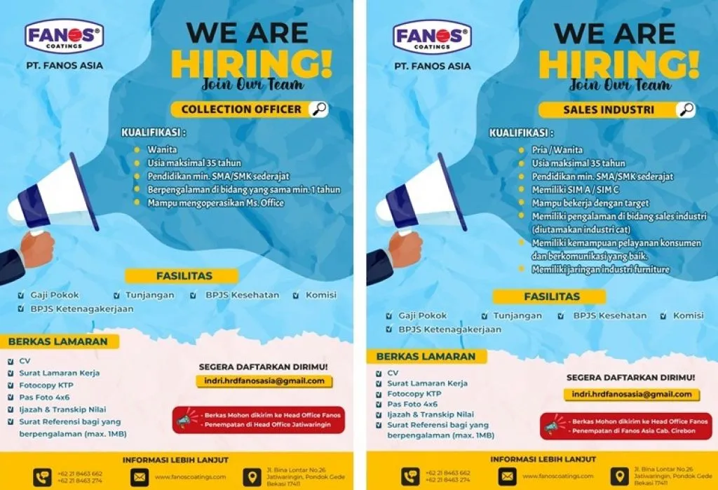 PT Fanos Asia Buka Lowongan Kerja Sebagai Sales Industri dan Collection Officer