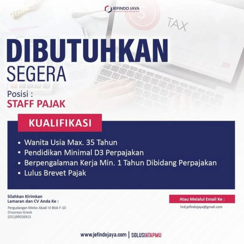 Anda Minat Jadi Staf Pajak, Jefindo Jaya Buka Lowongan