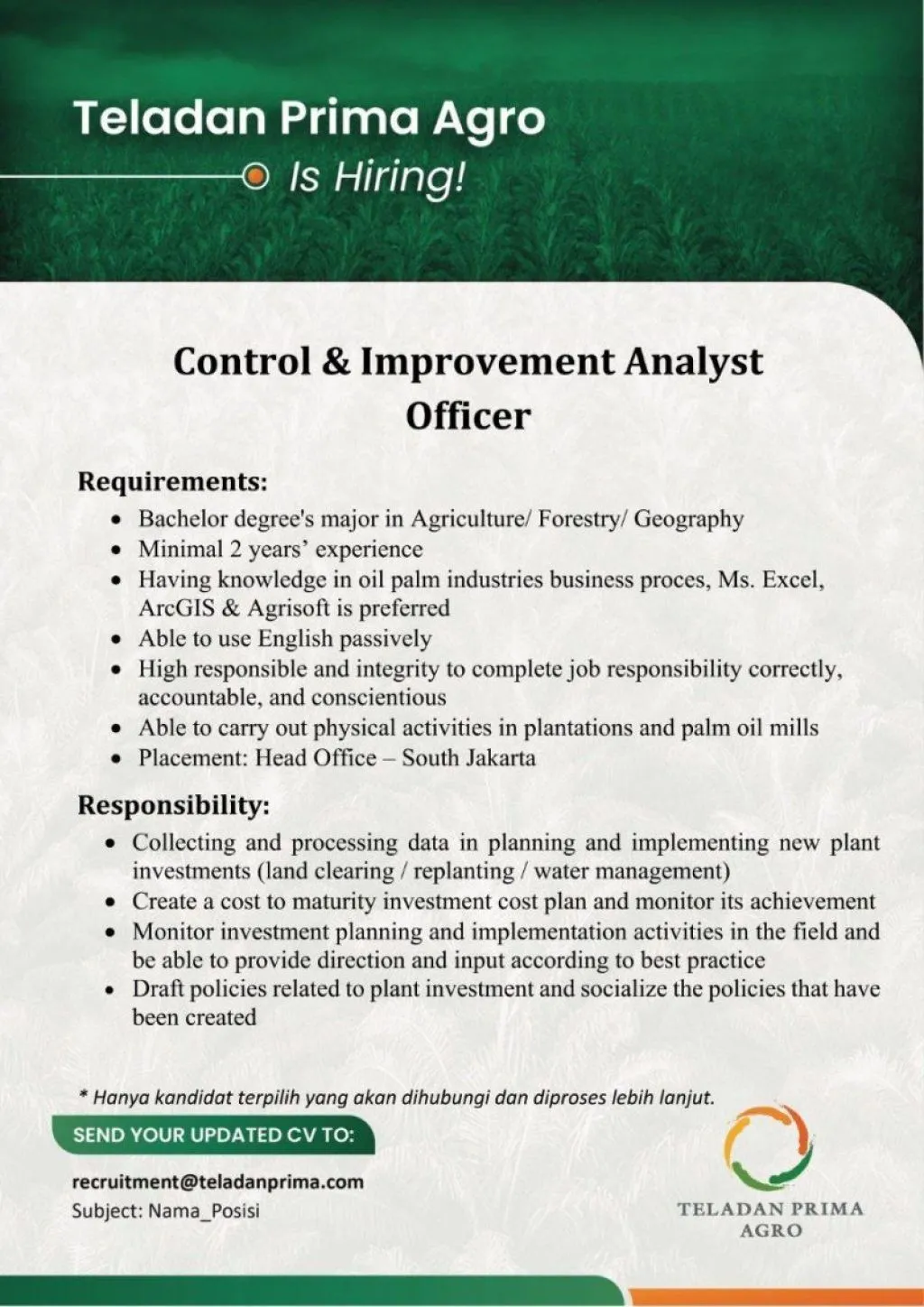 Lowongan di Teladan Prima Agro Sebagai Control and Improvement Analyst Officer