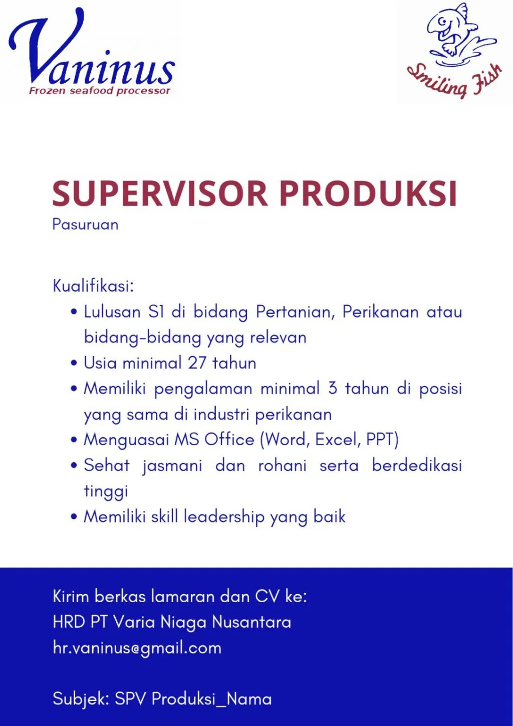 PT Varia Niaga Nusantara Butuh Tenaga Kerja Sebagai Supervisor Produksi