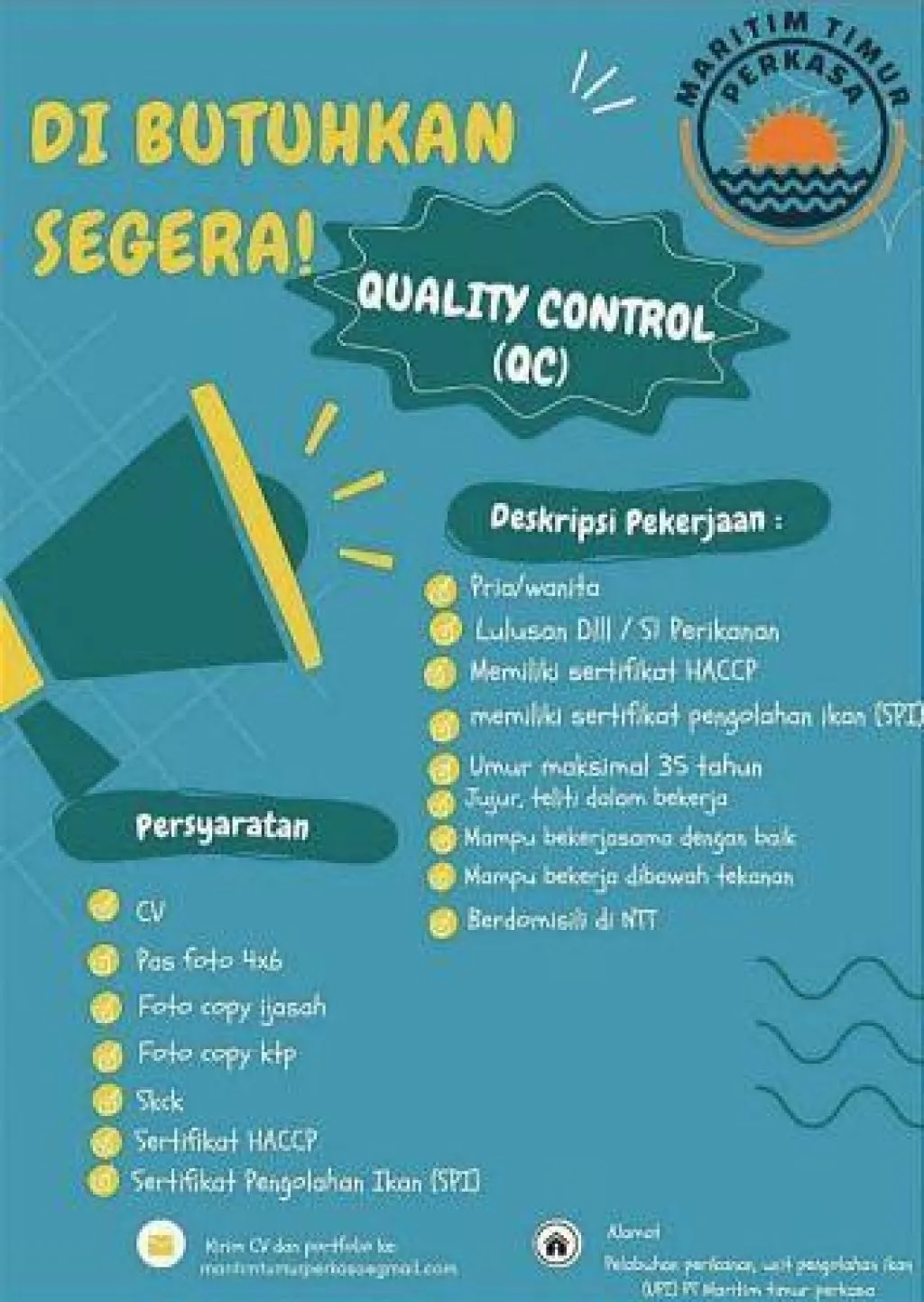 PT Maritim Timur Perkasa Buka Lowongan Sebagai Quality Control