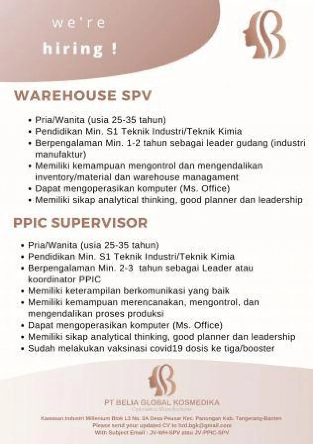 PT Belia Global Kosmedika Buka Lowongan Kerja