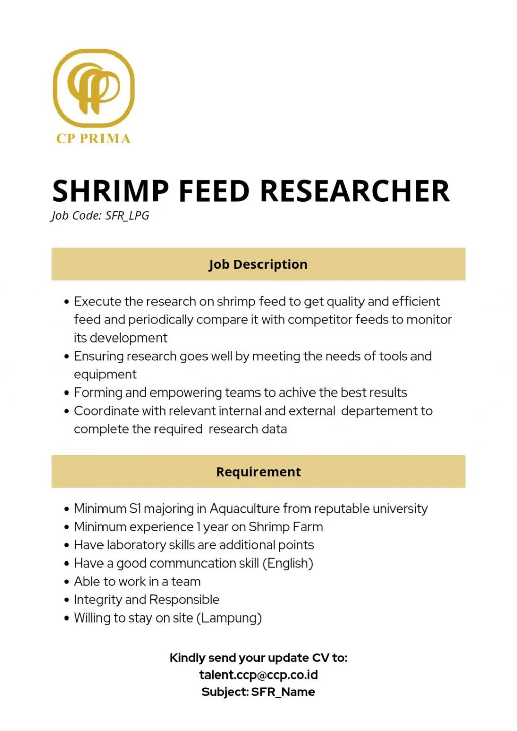 CP Prima Buka Lowongan Kerja sebagai Shrimp Feed Researcher