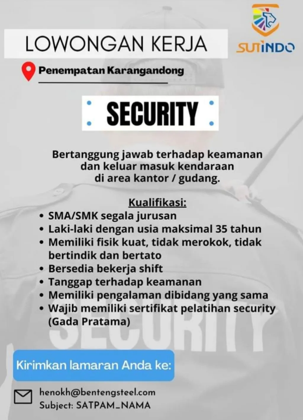 Lowongan Security di PT Benteng Anugerah Sejahtera