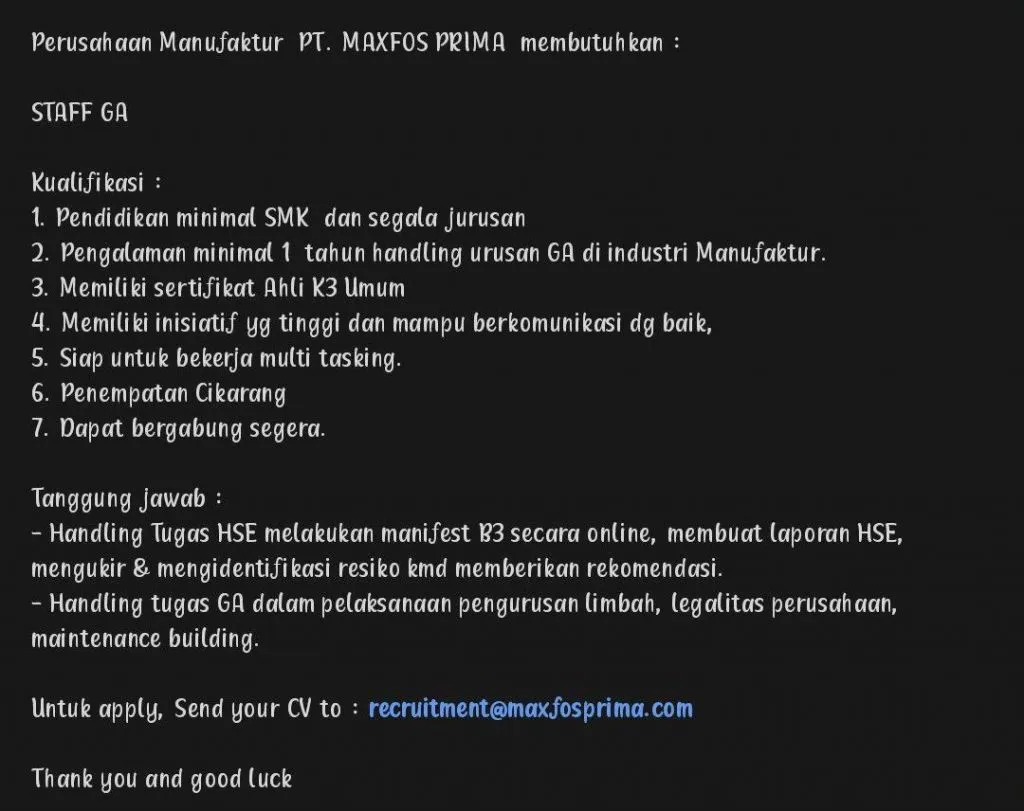 PT Maxfos Prima Buka Lowongan Kerja sebagai Staff GA