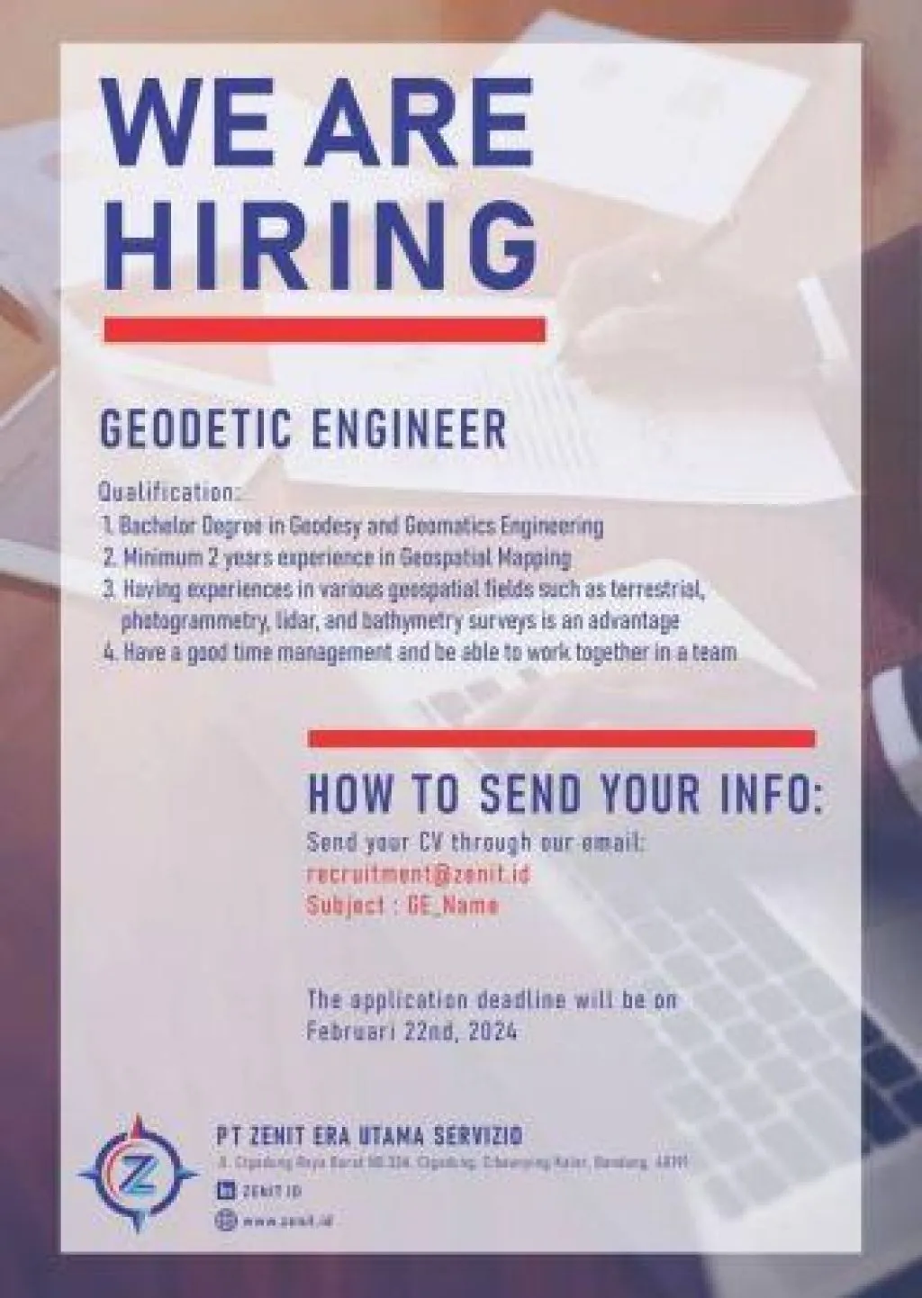 PT Zenit Era Utama Servizio Buka Lowongan Sebagai Geodetic Engineer