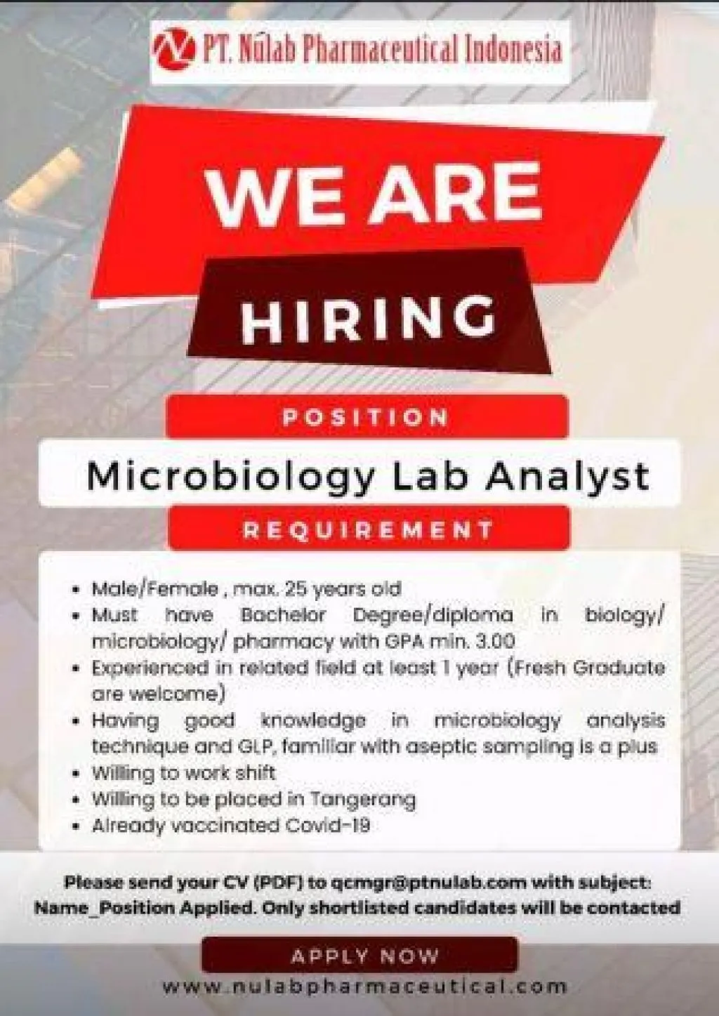 PT Nulab Pharmaceutical Buka Lowongan Quality Control Microbiology Lab Analyst