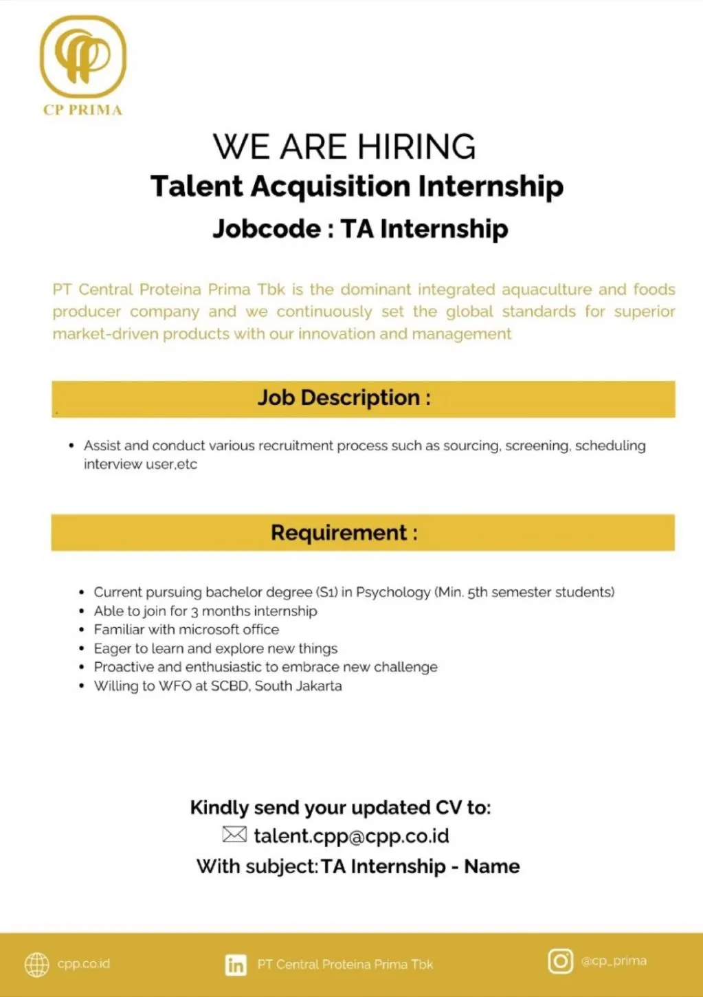 Lowongan Kerja di PT Central Proteina Prima sebagai Talent Acquisition Internship