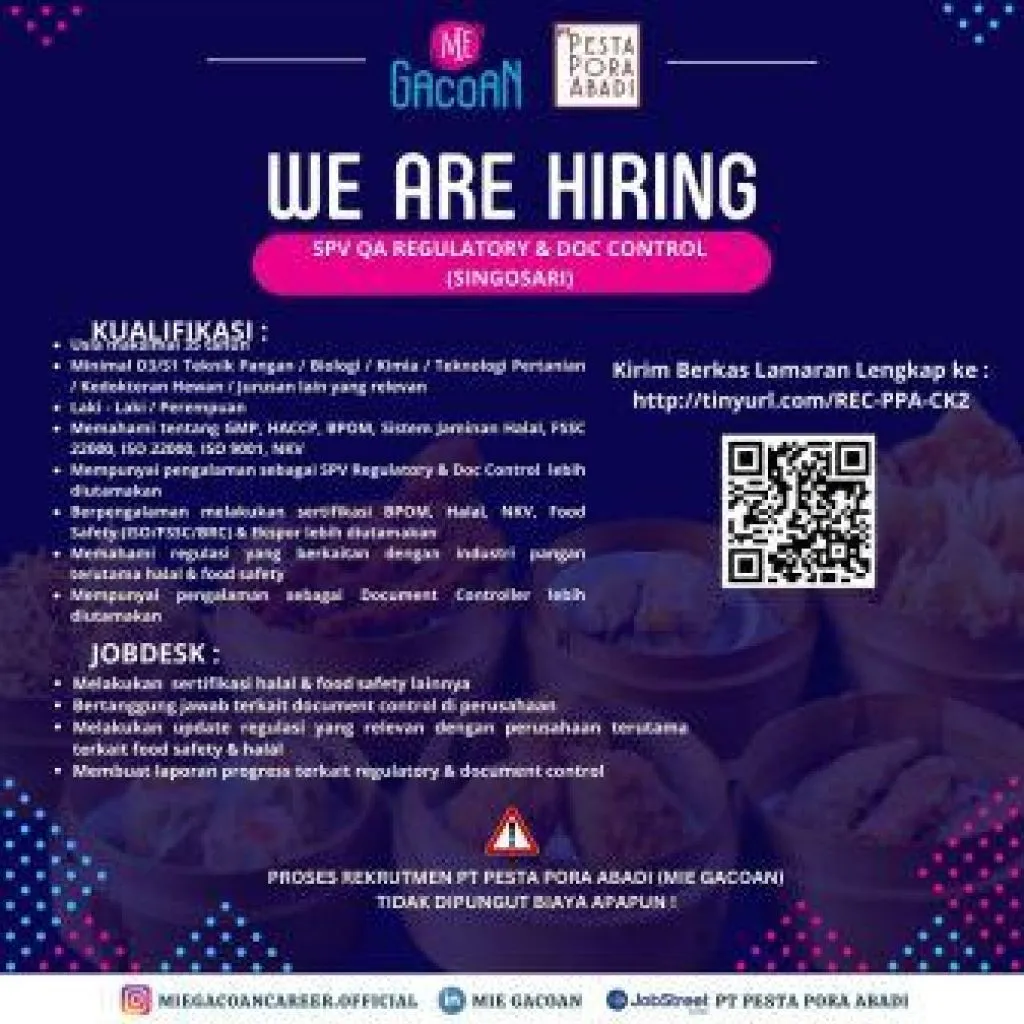 Restoran Mie Gacoan Buka Lowongan sebagai SPVQA Regulatory