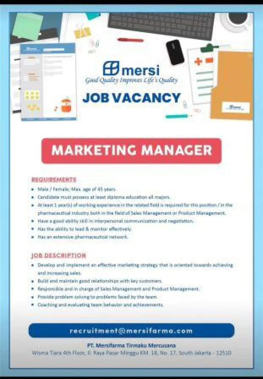 Job Vacancy in PT Mersifarma Tirmaku Mercusuana