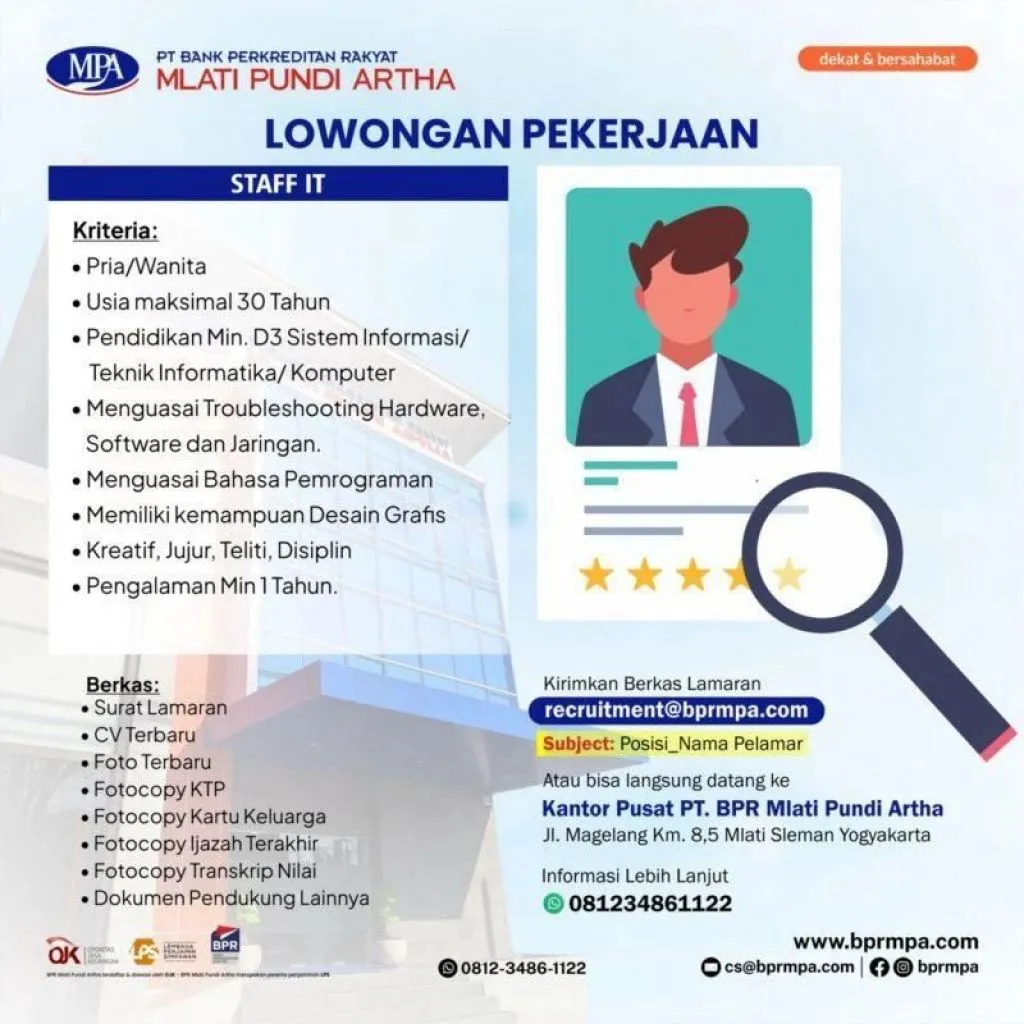 PT BPR Mlati Pundi Artha Buka Lowongan Staf IT