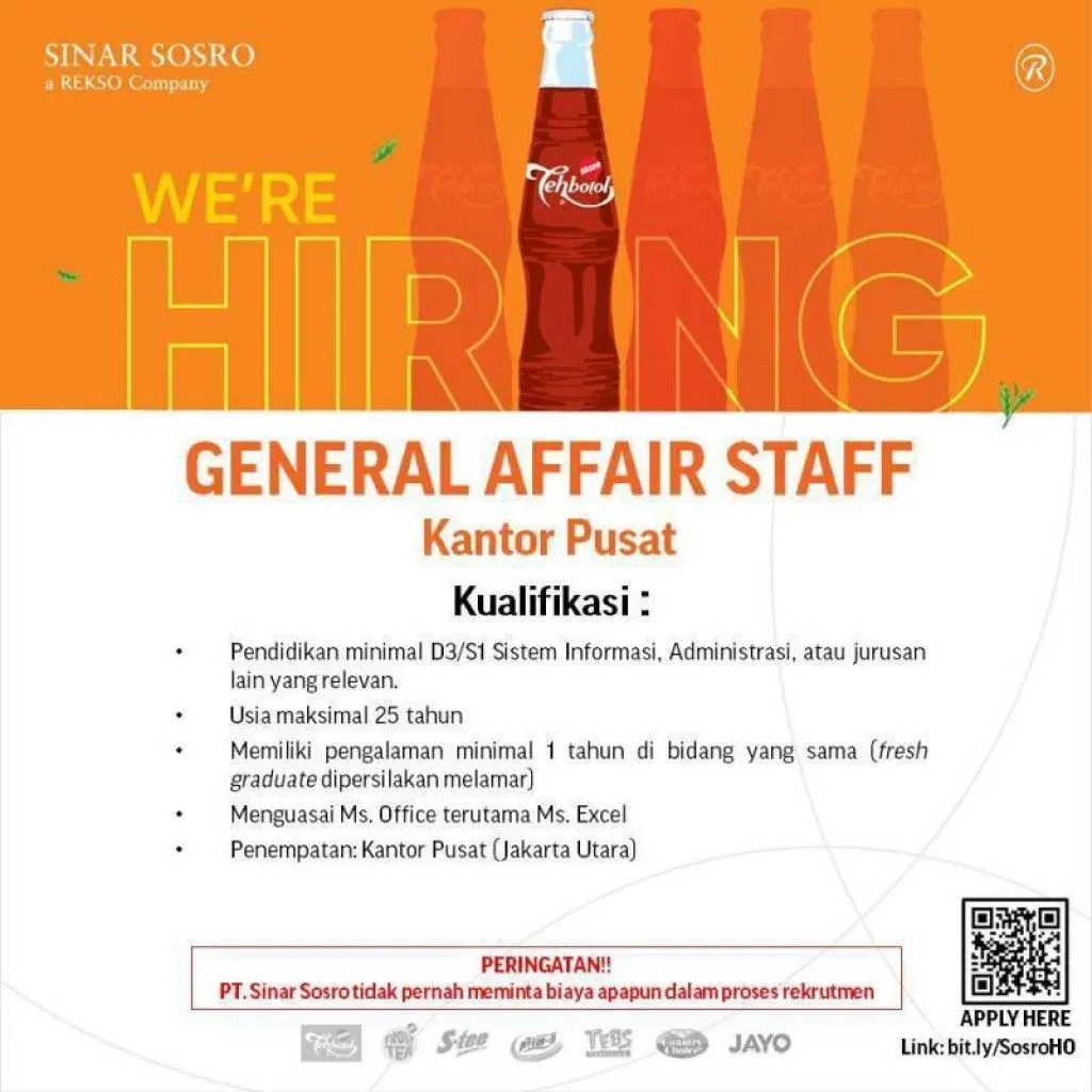 Lowongan General Affair Staff di PT Sinar Sosro