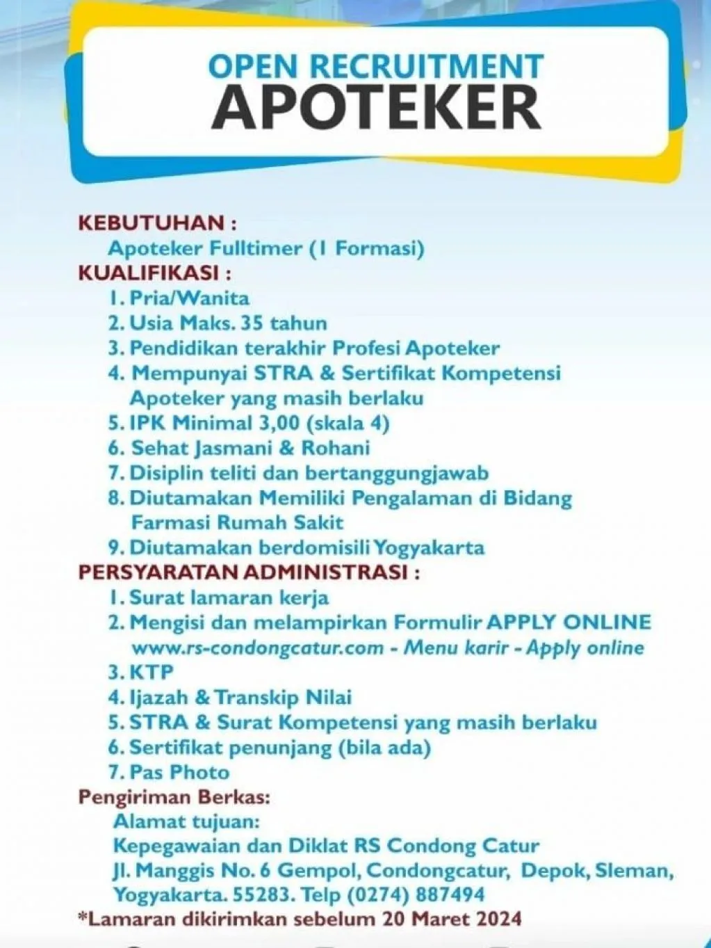 RS Condong Catur Buka Lowongan Apoteker