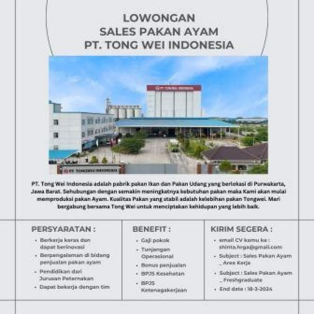 Lowongan Sales Pakan Ayam PT Tong Wei Indonesia