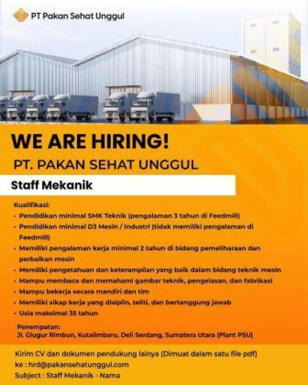 PT Pakan Sehat Unggul Buka Lowongan Kerja Staf Mekanik