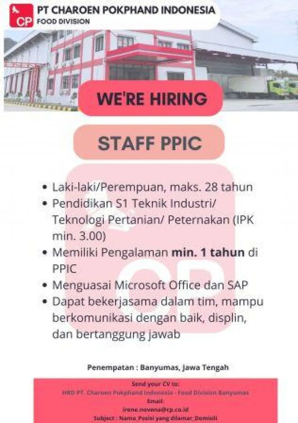 PT Charoen Pokphand Indonesia Buka Lowongan Staff PPIC