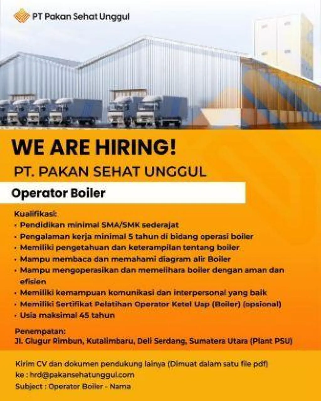 PT Pakan Sehat Unggul Buka Lowongan Kerja Operator Boiler