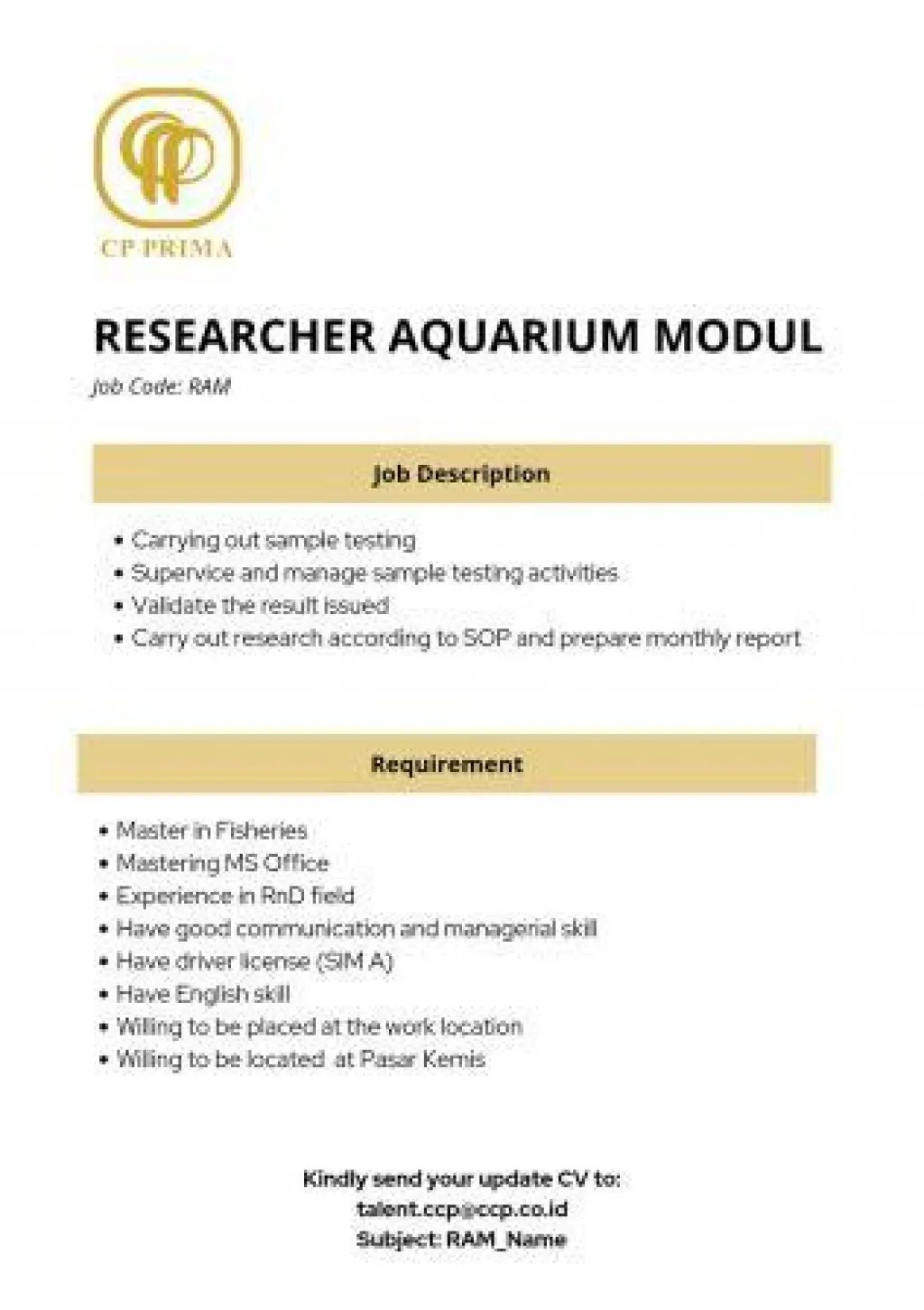 CP Prima Sedang Butuh Researcher Aquarium Modul