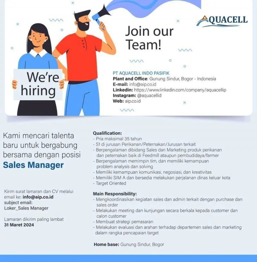 Dibutuhkan Sales Manager di PT Aquacell Indo Pasifik
