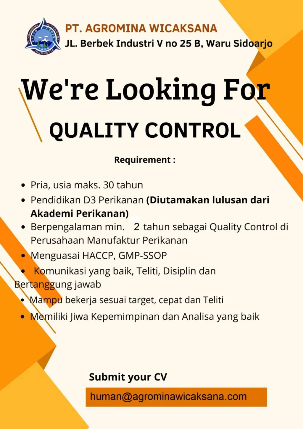 PT Agromina Wicaksana Buka Lowongan Staf Quality Control