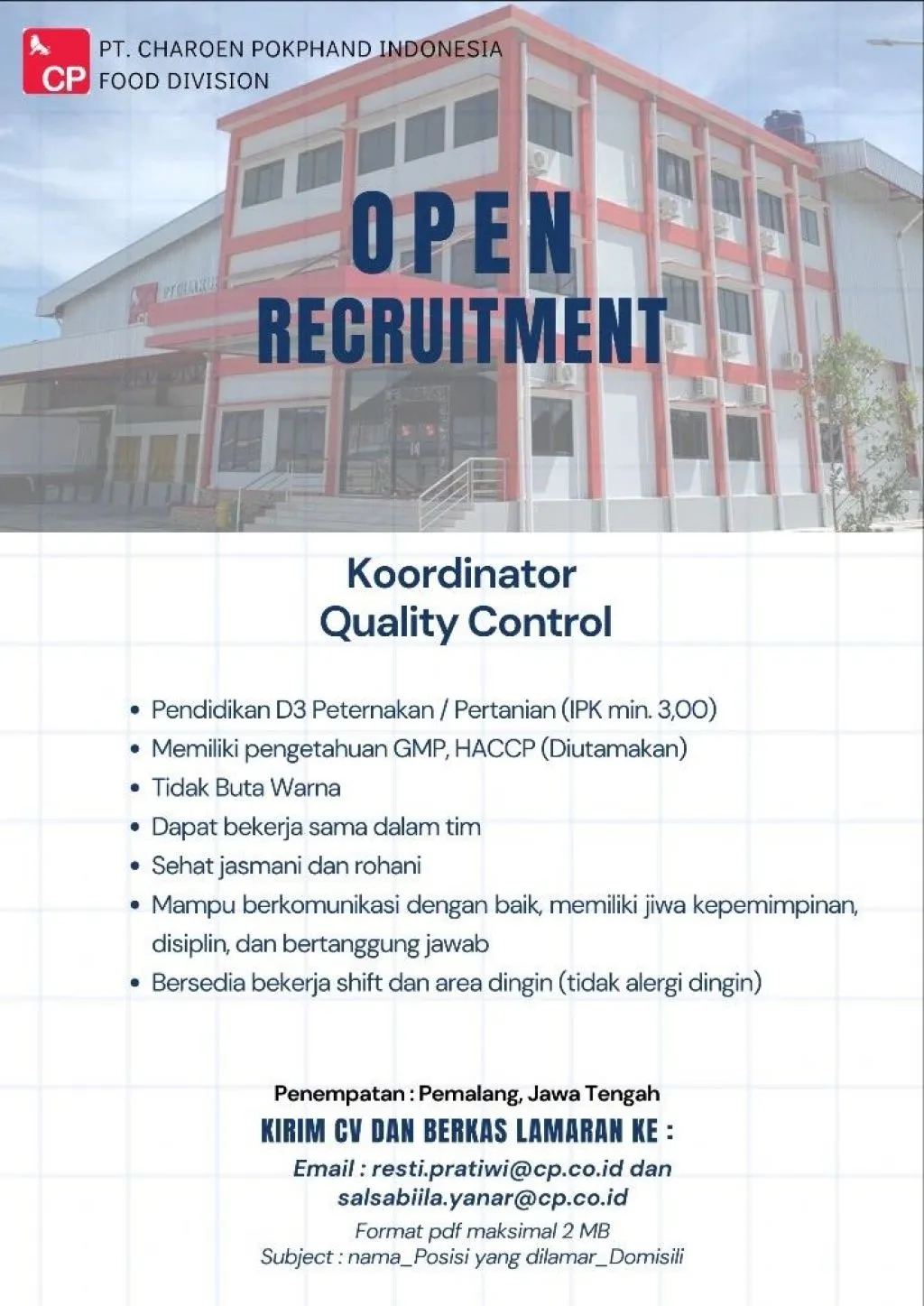 PT Charoen Pokphand Open Recruitment untuk Posisi Koordinator Quality Control