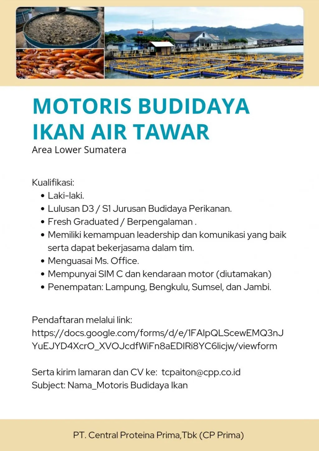 PT Central Proteina Prima Buka Lowongan Motoris Budidaya Ikan