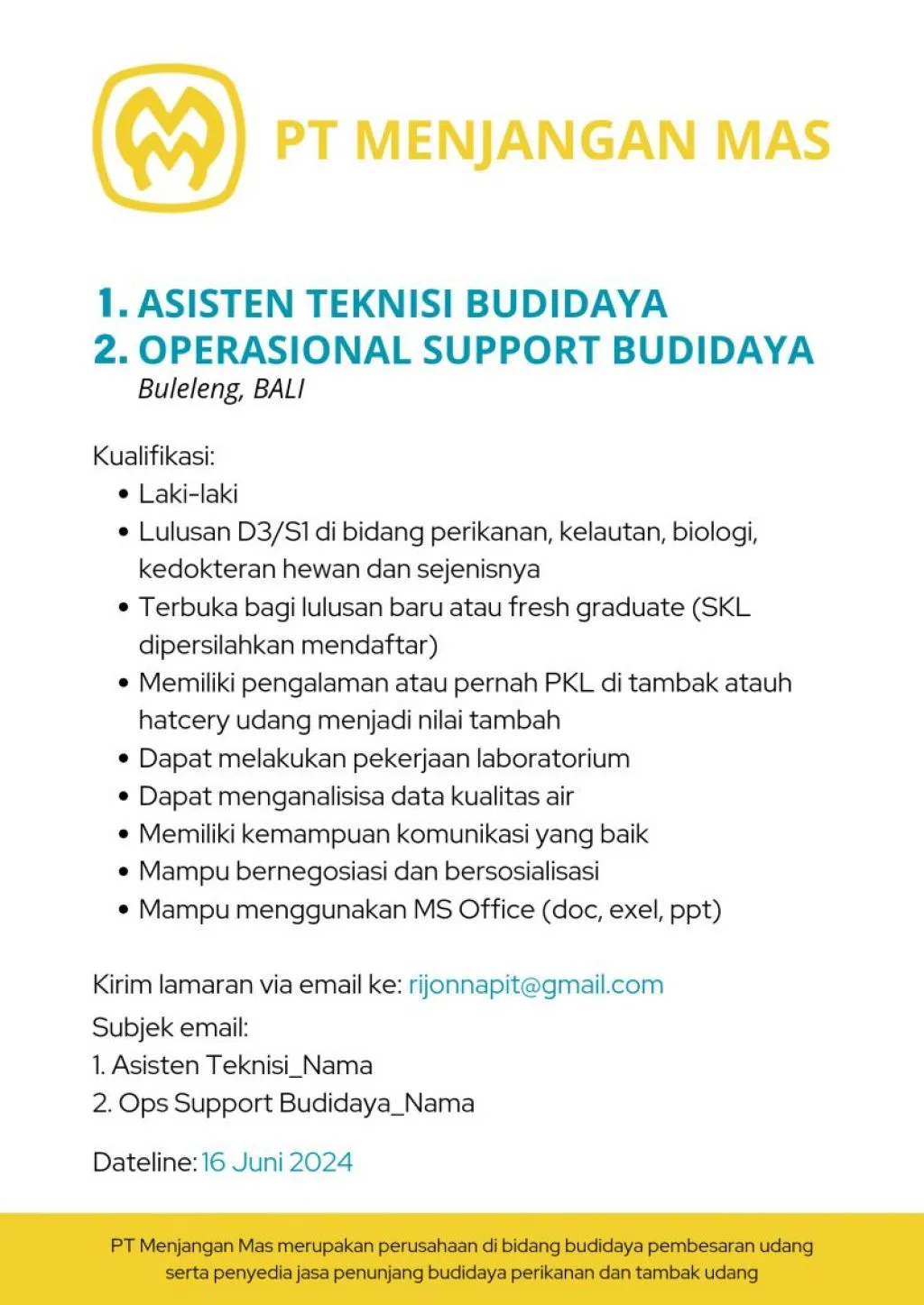 PT Menjangan Mas Buka Lowongan Kerja Jadi Asisten Teknisi Budidaya