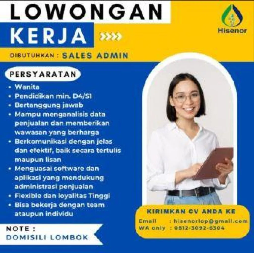 Dibutuhkan Sales Admin di Hisenor